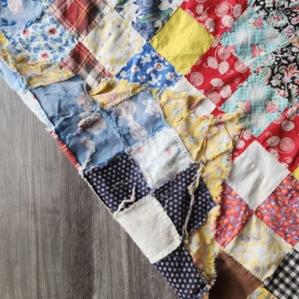 1940s Trip Around World Quilt Top Only Feedsack Patchwork 65x73 Scrap